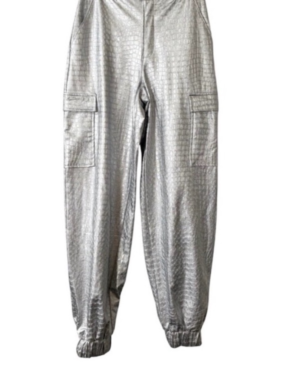 NAKED WARDROBE The Crocodile Faux Leather Joggers Metallic Silver Size Small NWT - Picture 2 of 13